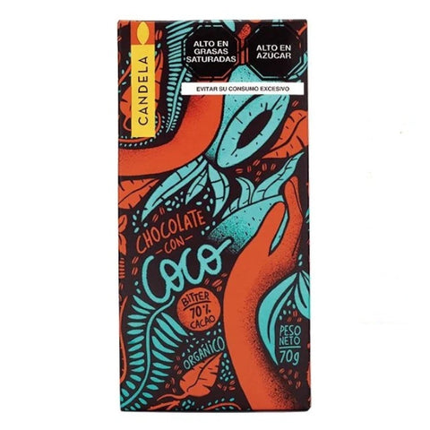 Organic 70% Dark Chocolate with Coconut Candela Peru 50g Bar | Chocolate Negro Ecológico 70% con Coco Candela Peru 50g Bar