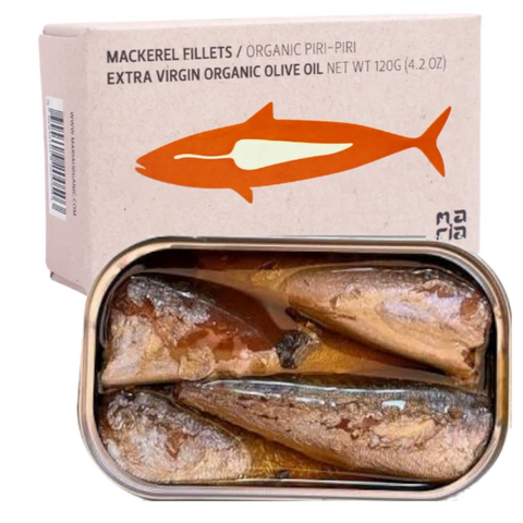 Spiced Mackerel Fillets in Organic Extra Virgin Olive Oil and Piri-Piri Sauce Maria by JOSE Gourmet 120g Tin