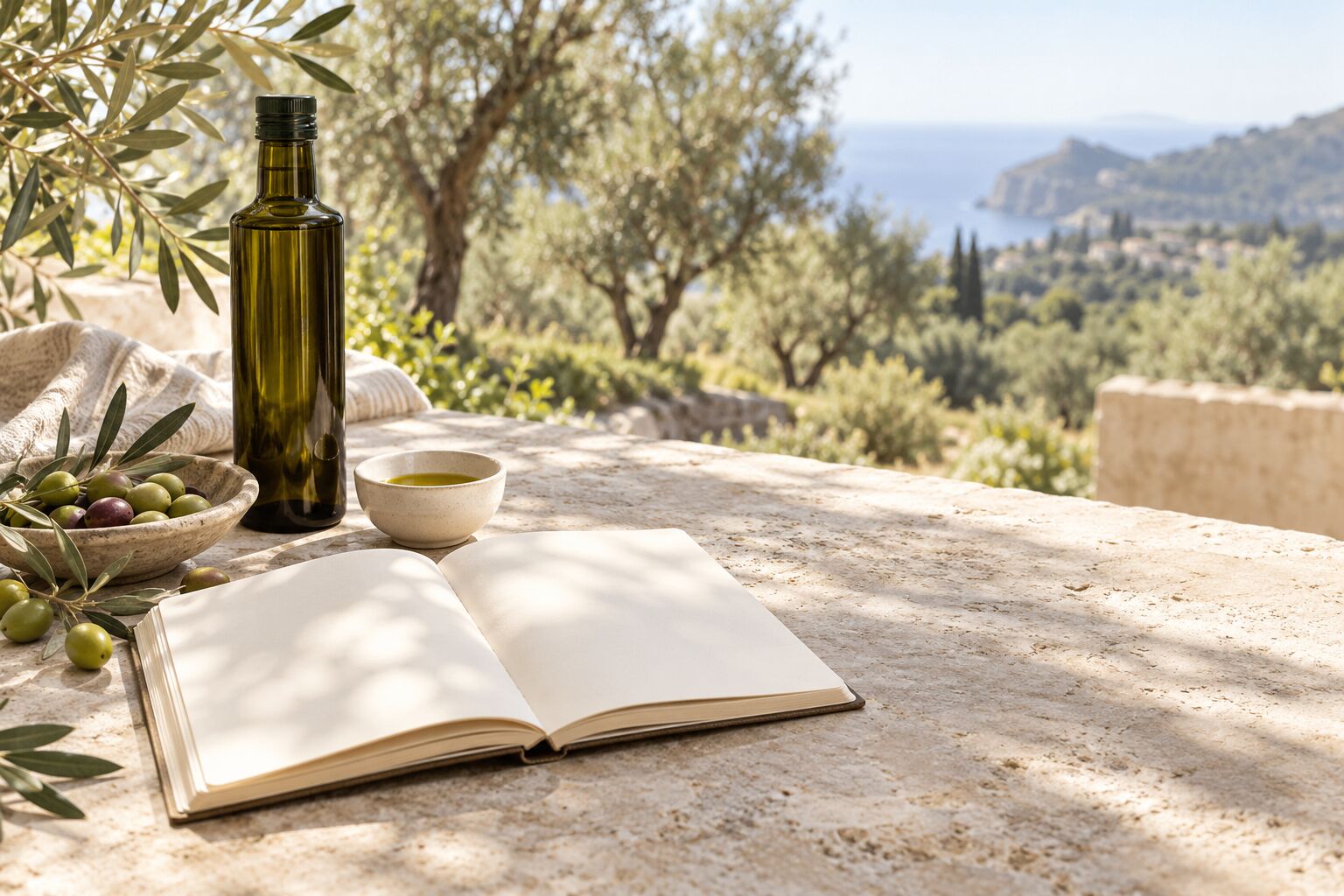 An open journal beside extra virgin olive oil and olive trees
