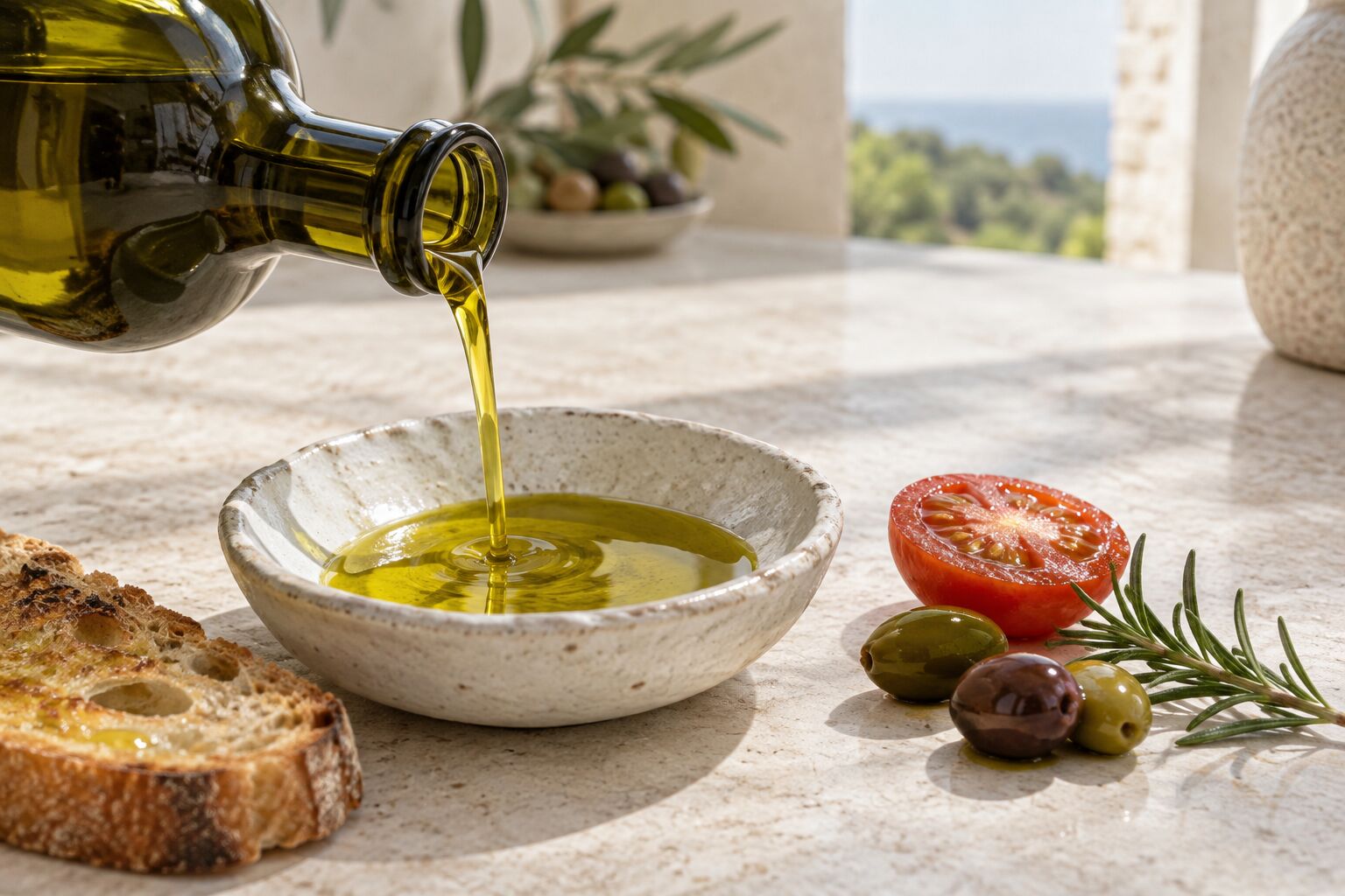 Fresh extra virgin olive oil poured into a ceramic bowl beside tomato, olives and toasted bread