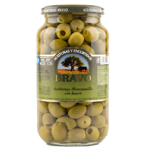 Manzanilla Green Pitted Olives Bravo 475g Glass Jar | Aceituna Manzanilla sin Hueso 475g