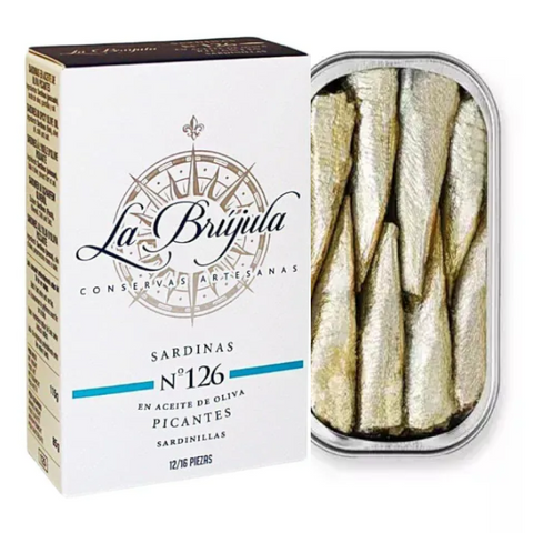 Small Sardines Spicy in Olive Oil 12-16 pcs La Brujula 115g Tin | Sardinillas picantes in Olive Oil 12-16 pcs La Brujula 115g